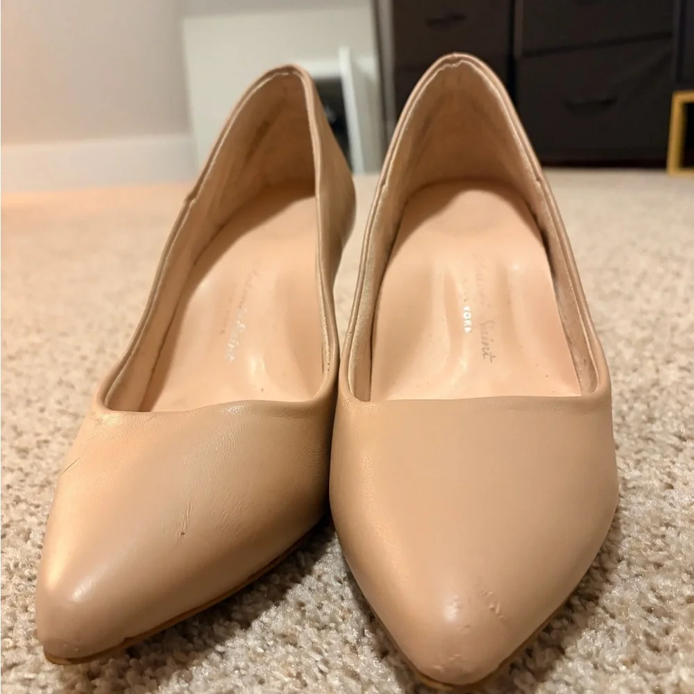 Antonia Saint NY All Occasion Nappa Leather Casual Woven Block Heel Pumps Almond